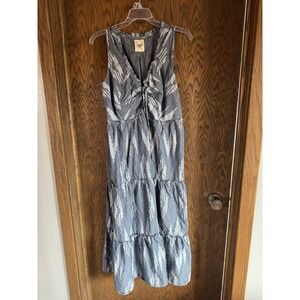 Cotton Rye Tiered Maxi Dress‎ Blue White Ikat Pattern Smocked Waist Midi